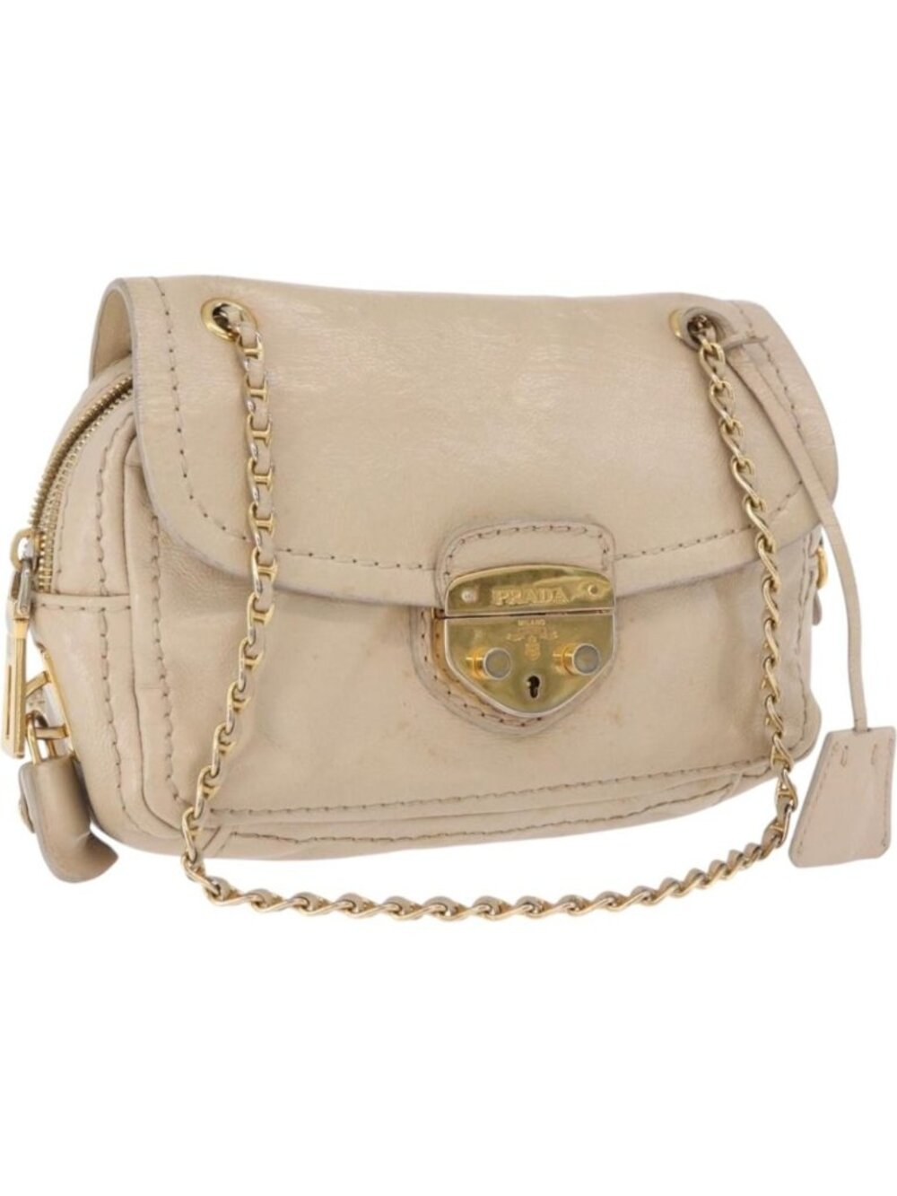 PRADA Chain Shoulder Bag Leather Beige Gold